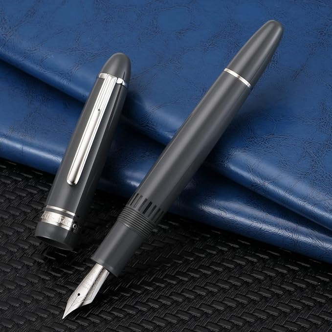 erofa Majohn P136 Piston Fountain Pen 1.1mm Stub Nib with Box, Gray Resin Writing Pen Set