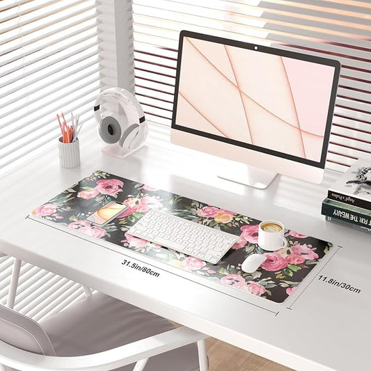 QIYI Large Mouse Pad, Floral Desk Mat for Desktop, Women Girls Watercolor Pink Flowers Office Décor Desk Accessories, PU Leather Waterproof Gaming Mousepad, Black Desk Pad Computer Mat, 31.5" x 11.8"