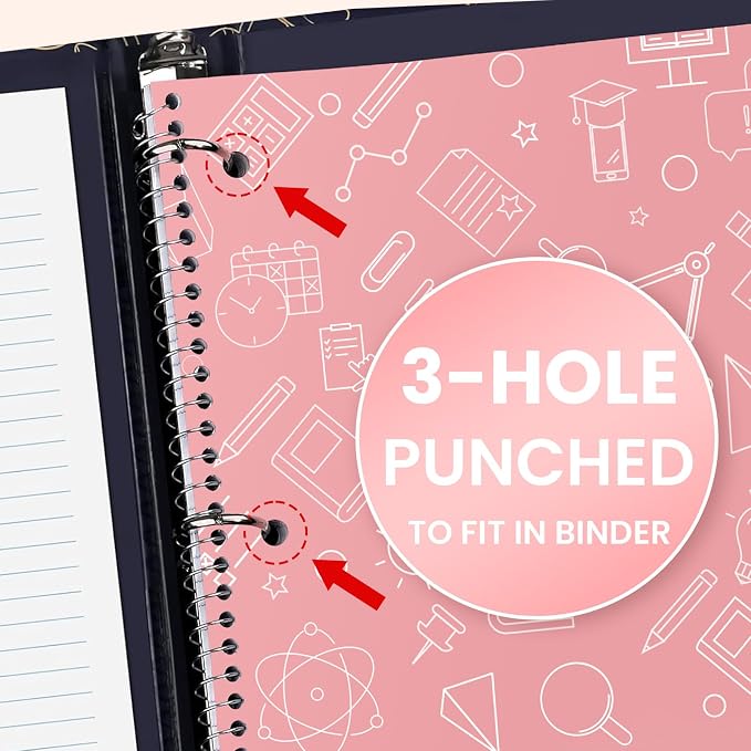 Oucaru College Ruled Spiral Notebooks, 8x10.5 Subject Notebook for Office | 5 Pack 1-Subject Notebooks with 70 Sheets Per Book, 3-Hole Punched Lined Paper, for Writing Journal, Home & School