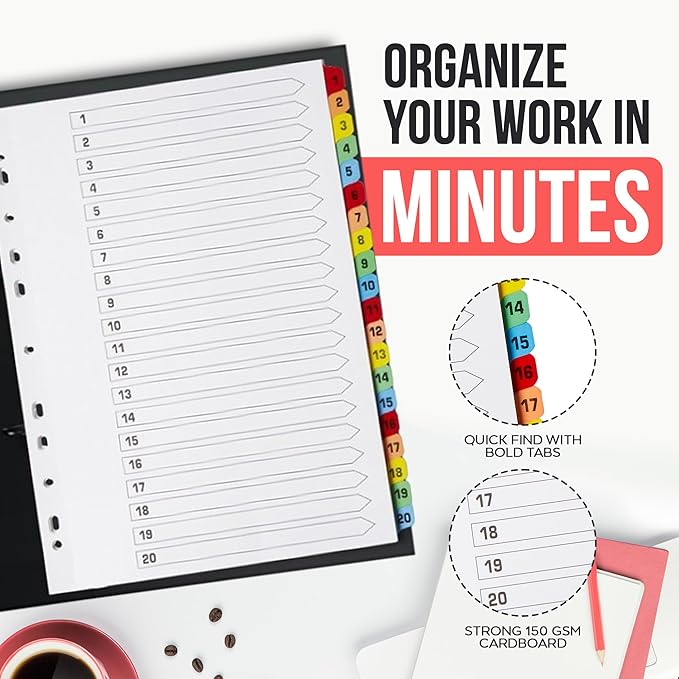 Binder Dividers with Tabs 1-20 Numbered – A4 (3 Pack) | Dividers for 3 Ring Binder | Numbered Tab Dividers for Office, School & Home Organization - The Paper Shop