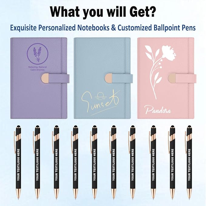 Lined ENOMY Personalized Notebook Set with 10PC Pens Custom Journal with Pen Holder Personalized Jouring Notebook for Writing Men Women Gift, Pink