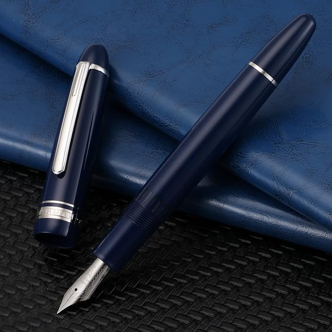 erofa Majohn P136 Piston Fountain Pen Extra Fine Nib with Box, Dark Blue Resin Writing Pen Set