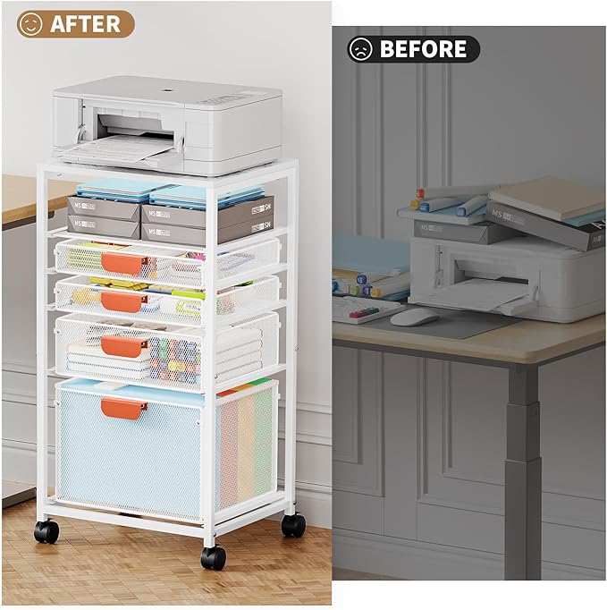 Marbrasse Rolling File Cart with 4 Storage Drawers, Mobile File Cabinet on Lockable Wheels, Hanging Filing Cabinet Organize, Under Desk Utility Cart for Home Office - White