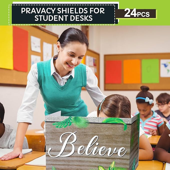 Honoson 24 Pcs Bulk Inspirational Privacy Folders for Students Cardboard Test Privacy Boards Motivational Words Desk Dividers Shield for Classroom School Study Supplies, 6 Styles(Leaves)