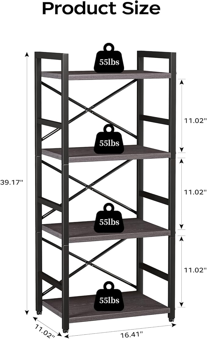 Homeiju Grey Bookshelf, 4 Tier Small Bookcase for CD/Movie/Book, Book Shelf Organization and Storage for Bedroom, Kid's Room, and Home Furniture (Grey)