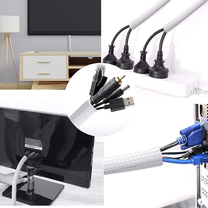 CrocSee 10ft - 1/2 inch Braided Cable Management Sleeve Cord Protector - Self-Wrapping Split Wire Loom for TV/Computer/Home Theater/Engine Bay - White