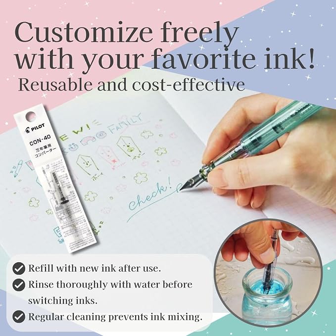 Fountain Pen Set CON-40 Converter & Kakuno Fine Nib with Black Ink Cartridge & Sticky Notes – Refillable Ink System, For Beginners, Calligraphy (Blue FKA-1SR-KPL-F)