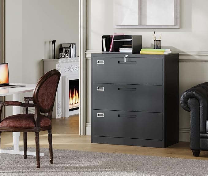 MIIIKO Lateral File Cabinet with Lock, 3 Drawer Lateral Filing Cabinet, Large Deep Drawers Locked by Keys, Metal Storage File Cabinet for Hanging Files Letter/Legal/F4/A4 Size