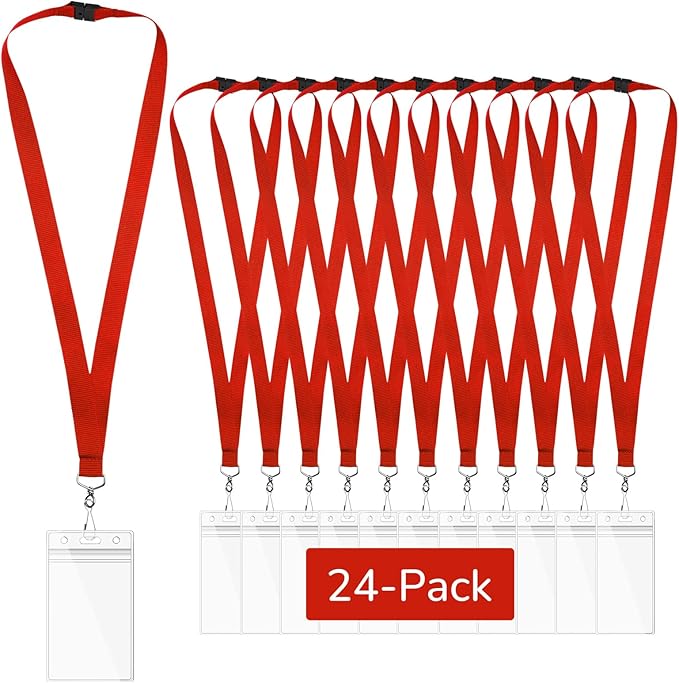 24-Pack Red Breakaway Lanyards with Waterproof Badge Holders, Polyester Neck Straps for ID Cards, Events, Office, and Schools