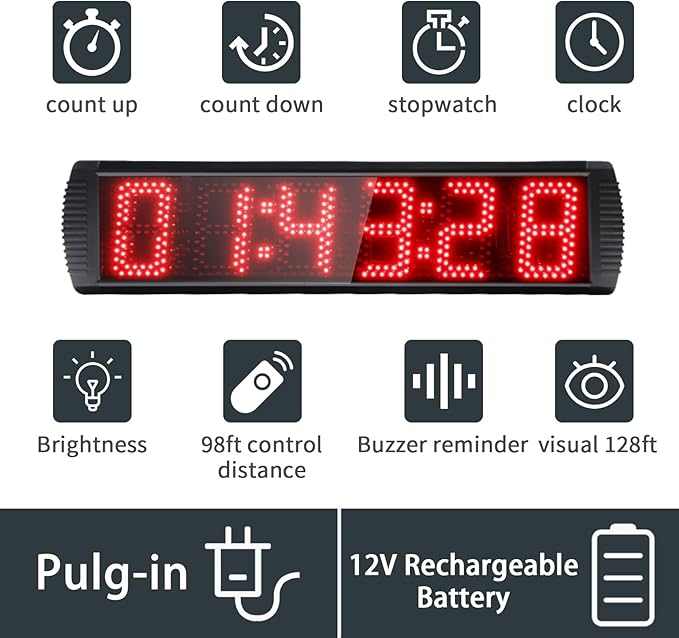 Large LED Display Digital Race Timer with Battery,Function-Countdown/Up/Time Clock, Remote Control, Tripod Stand and Adjustable Brightness for Sports Events, Races, Meetings, Presentations