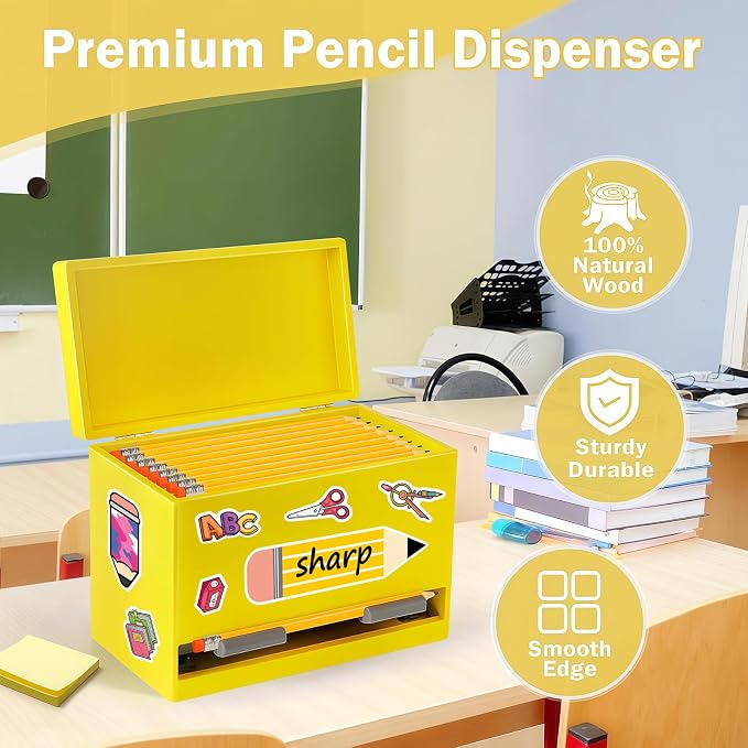YEGEER Pencil Dispenser for Classroom, Wooden Pencil Holder, Classroom Teacher Must Have, Pencils Straws Organization & Storage for Classroom Office Kitchen Restaurant (yellow)