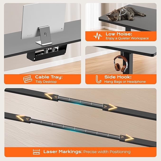 Huuger Dual Motor Electric Standing Desk Frame, Sit Stand up Desk Leg for 47.2” to 86.6” Desktop, Computer Desk Leg with Cable Tray, 3 Memory Height Presets, 2 Hooks, Black Frame Only