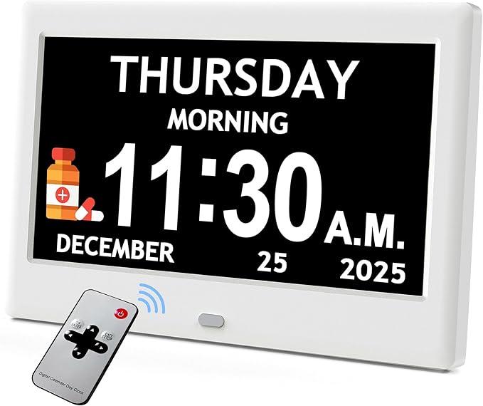 7'' Dementia Clock For Seniors, Large Display Digital Clock With Date, Time, Day Of Week for Elderly, Alzheimer, 1024*600P HD, 10 Reminders & 8 Alarms, Auto Dimming & DST, Remote Control, White