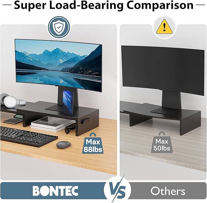 BONTEC Dual Monitor Stand Riser with Smartphone Holder, Adjustable Length & Swivel Angle, Ergonomic Wooden Desktop Organizer for PC Monitor, Laptop, Printer, Large Storage, Black
