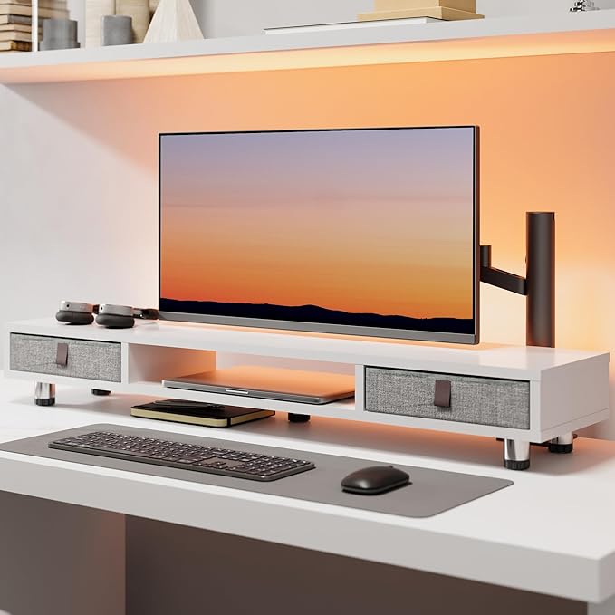 Fenge Dual Monitor Stand with 2 Drawers, 42.5 Inches Large Computer Riser for Desk, Adjustable Height Desk Shelf with Storage for Laptop, PC, TV, Printer