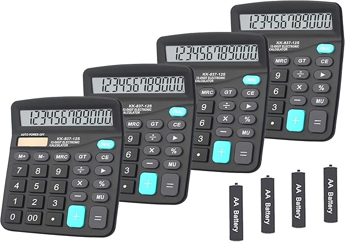 Calculators for Desk, BESTWYA 12-Digit Dual Power Handheld Desktop Calculator with Large LCD Display Big Sensitive Button (Black,Pack of 4)