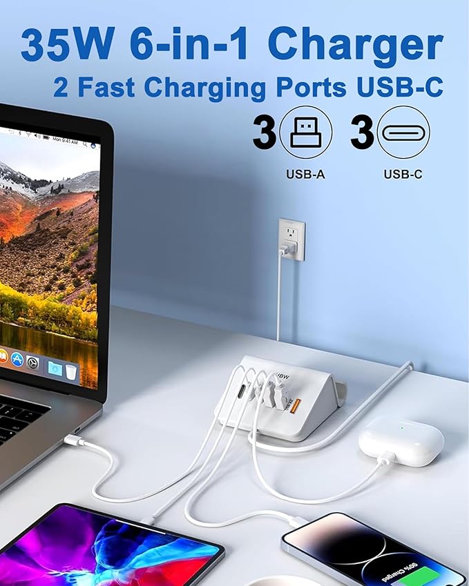 VHBW USB C Charger Block,6 Port 3A and 3C Multiple USB Charging Station,35W Fast USB C Charging Plug for iPhone 15/15pro/14/13/12,Samsung Galaxy S23/S22/S21,etc(6USB-3A3C-White)