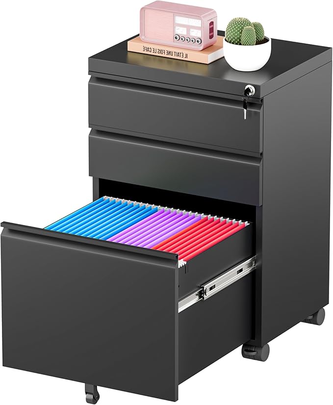 Greenvelly 3 Drawer Mobile File Cabinet with Lock, Metal Filing Cabinet on Wheels, Under Desk File Cabinet for Home Office Organizer Letter/Legal/A4 File (Assembly Required, Black)