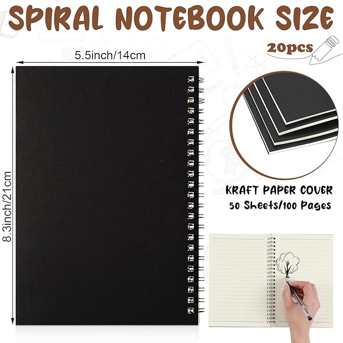 Eersida 20 Pack A5 Spiral Notebook College Ruled Spiral Notebook Bulk 5.5 x 8.3 Inch Hardcover Notepads Lined Travel Writing Journal Notepad, 50 Sheets 100 Pages(Black)
