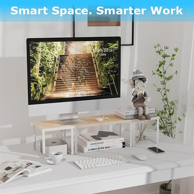 Aothia Wood Desktop Shelf for Top of Desk - 2-Tier Adjustable Bookshelf Organizer, Freestanding Stackable Shelves for Office, Home, Kitchen Counter (Oak)