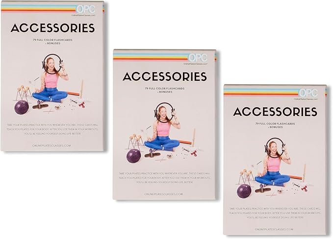 OnlinePilatesClasses Pilates Accessories Flashcards, 79 All-Levels Illustrated Cards Deck Set, Low Impact Home Fitness Workouts Guide with Postures & Routines, Workout Planner with Tips and Videos