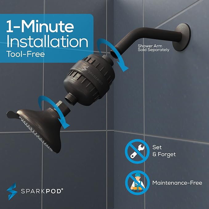 SparkPod 23-Stage Filtered Shower Head with 3 Spray Settings - High Pressure Shower Head with Filters for Dry Hair and Skin - Showerhead with Filter Reduces Chlorine & Heavy Metals (Oil-Rubbed Bronze)