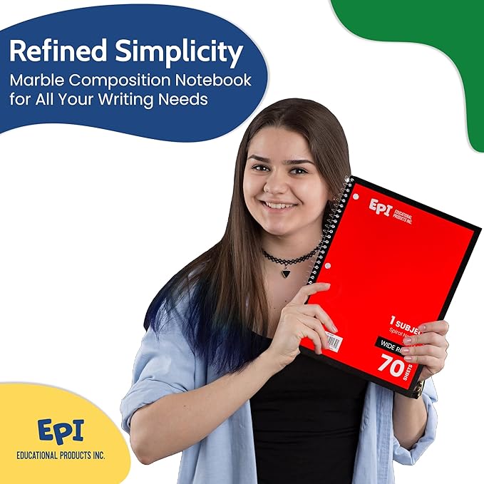 EPI Spiral Notebook | Wide - 70 Sheets, Durable Spiral Binding | 10.5 x 8 in | Classroom Supplies | School, Office, Note Taking, Journaling - 6 Pack