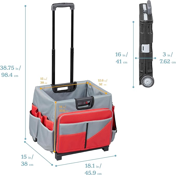 ECR4Kids Universal Rolling Cart with Canvas Organizer Bag, Mobile Storage, Red/Grey