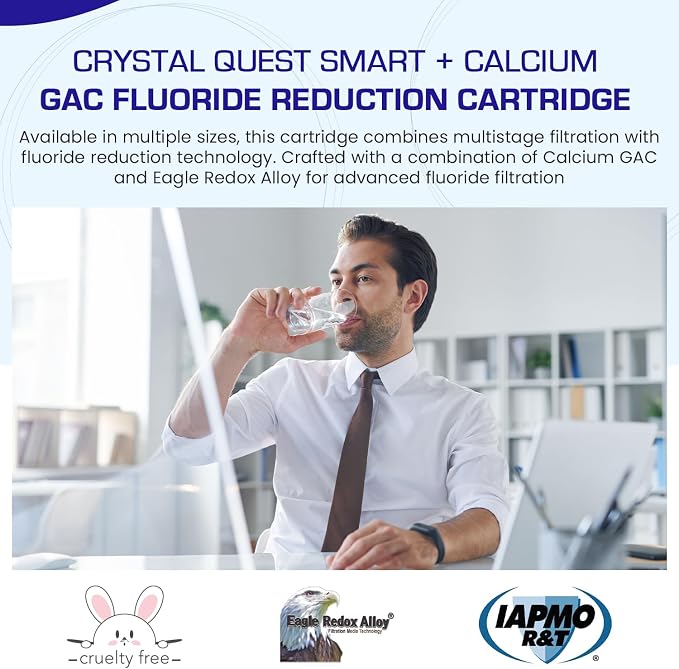 Crystal Quest Smart + Calcium GAC Fluoride Reduction Water Filter Cartridge - 1 Micron - Coconut Shell GAC - Eagle Redox Alloy - Reduces Fluoride & Contaminants - 4-5/8" x 20"