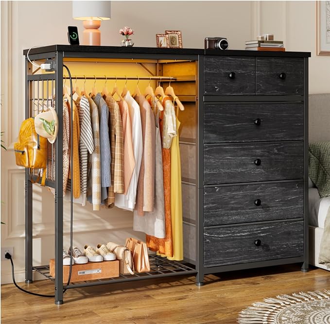 EnHomee 49.2" W Dresser for Bedroom with Hanging Rack 6 Drawers Dresser with LED Lights & Charging Station, Fabric Dressers & Chest of Drawers with 4 Hooks, Wooden Top, Grid Panel, Black
