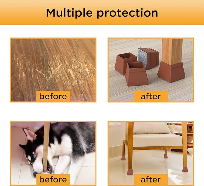 16 PCS Square Chair Leg Floor Protector, Silicone Chair Leg Cover, Furniture Leg Protectors with Felt, Mobile Table Leg pad, Protect The Floor from Scratches.1 1/2 in Brown.