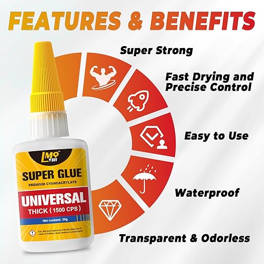 Super Glue Thick CA Glue Clear 60 Gram, Heavy Duty Superglue Instant Cyanoacrylate Adhesive for Plastic Ceramic Leather Metal Glass Wood Pla Shoe Sole Repair, Strong Oily Liquid Bonding