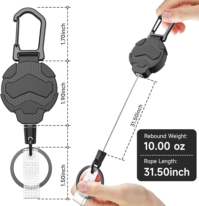 Retractable Keychain Badge Holder with Belt Clip, Heavy Duty Carabiner ID Badge Clip Reel, 32” Steel Retractable Cord, 10 oz Rebound，1pcs Black Keychain