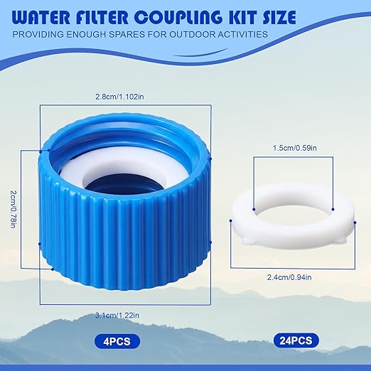 Gerrii 4 Pcs Water Filter Coupling Kit Compatible with SP150, 28 mm Threaded Filtration Couplings for Standard Plastic Bottles, Cleaning Couplers with Gasket Seals for Hiking, Camping (Blue)