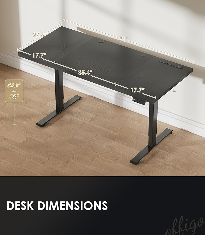 OffiGo 71 Inch Executive Electric Standing Desk, Height Adjustable Desk with Power Outlet & 1.38" Thick 3-Piece Desktop, Sit Stand Computer Desk for Home, Office, Conference Room, Black