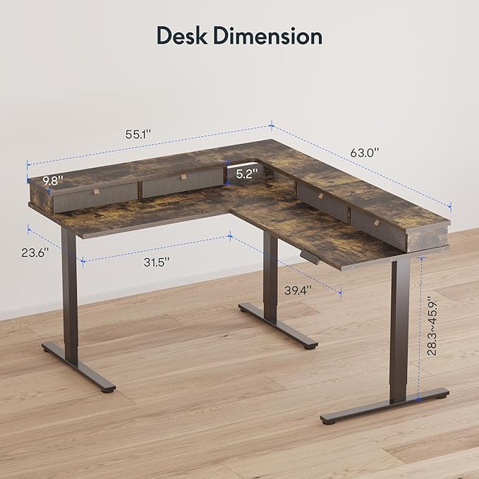 FLEXISPOT 63" L Shaped Standing Desk Electric Corner Table with Shelf, 4 Storage Drawers, Adjustable Computer Workstation for Home, Office, Game, Studio, Rustic Brown Top + Black Frame