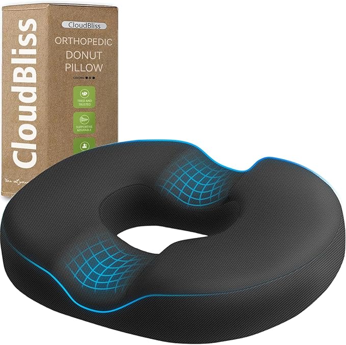 CloudBliss Donut Pillow Seat Cushion for Tailbone Pain Relief and Hemorrhoids, Memory Foam Seat Chair Cushion for Postpartum Pregnancy, Seat Cushions for Men and Women for Home & Office, (Grey-XL)