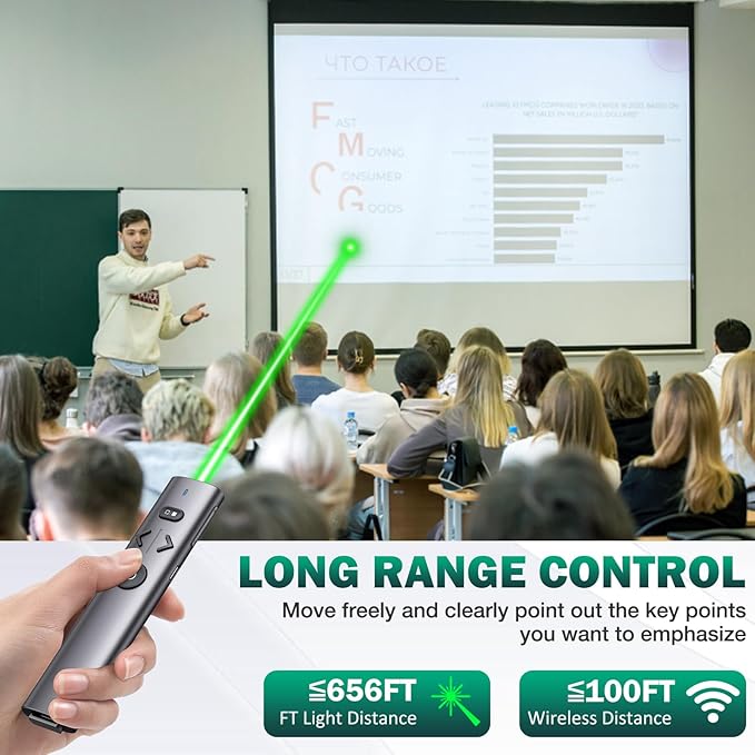 Wireless Presentation Clicker with Green Light Pointer, Clicker for Powerpoint Presentations with Volume Control, Rechargeable Long Range Presenter for Google Slide Keynote PC