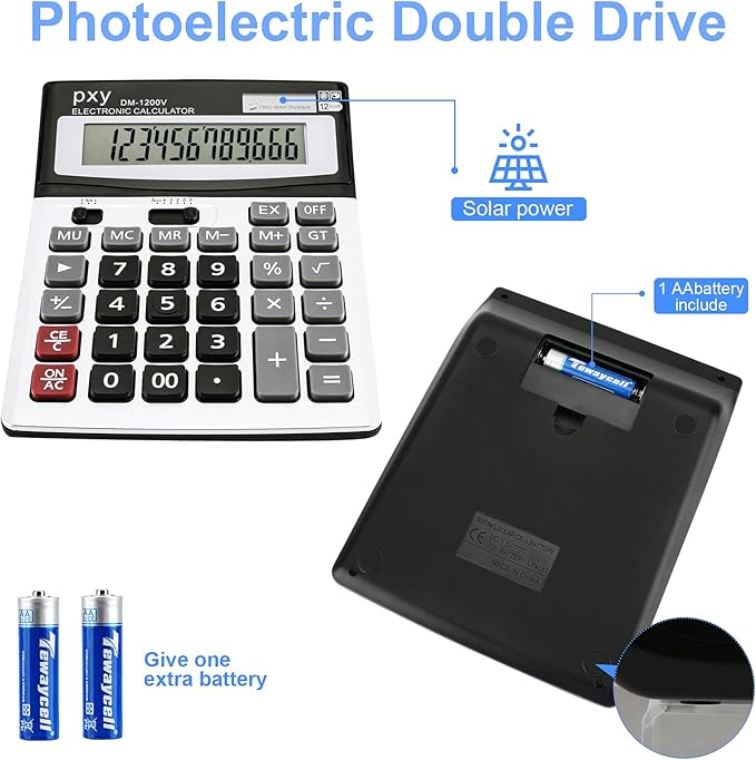 Desk Calculator 12 Digit Extra Large LCD Display, Touch Comfortable with Big Buttons, PXY Two Way Power Battery and Solar Standard Function Office Calculators