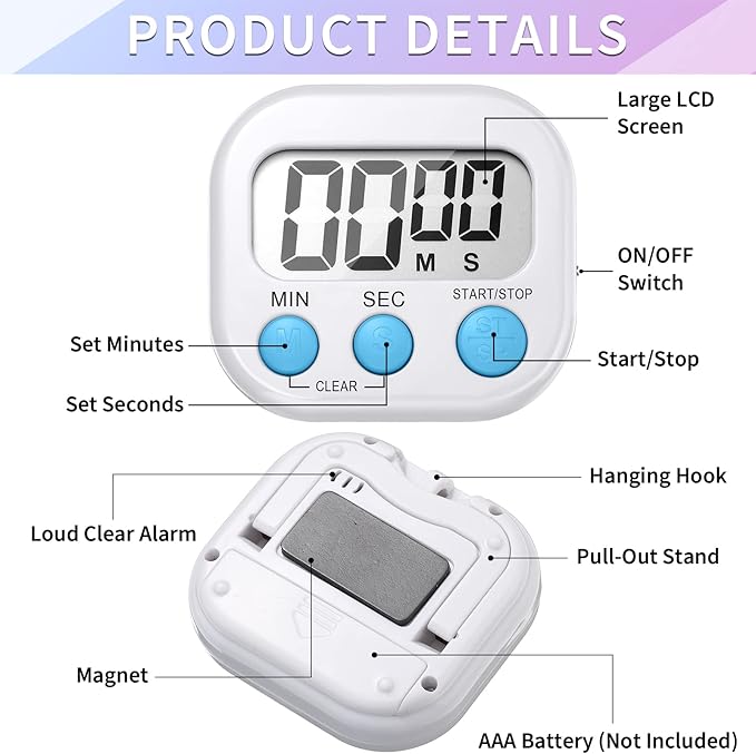Macarrie 48 Pcs Digital Kitchen Timer Bulk Small Magnetic Backing Stand Timer Clock Loud Alarm LCD Display Electronic Minute Second Count up Countdown Alarm for Teacher Classroom Cooking Baking