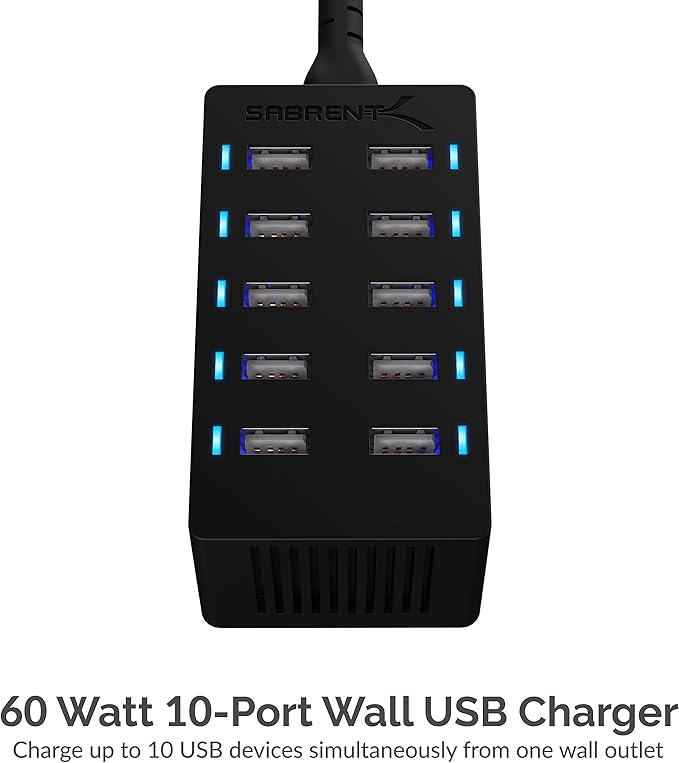 Sabrent 60 Watt (12 Amp) 10-Port [UL Certified] Family-Sized Desktop USB Rapid Charger. Smart USB Ports with Auto Detect Technology [Black] (AX-TPCS)