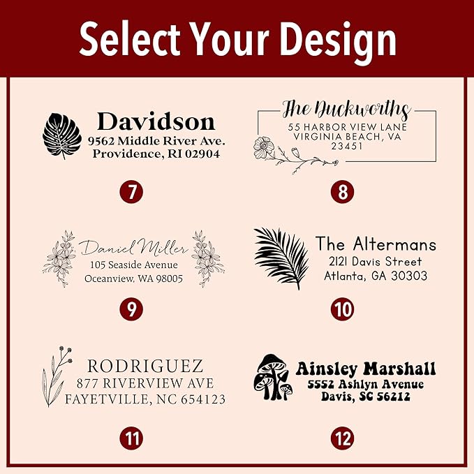 Custom Floral Address Stamp | Choose from 12 Designs | Multiple Ink Color Options | Envelope Return Address Stamp for Couple or Family (Design 4, Extra Large)