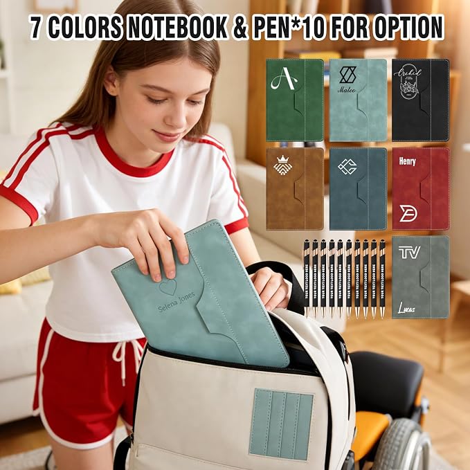ENOMY Personalized Notebook Journal & 10 PC Pens Set Custom Notebook with Pen 240 Pages A5 Hardcover Journal for Men Women Leather Notebook for Work College Graduation Gifts, Green