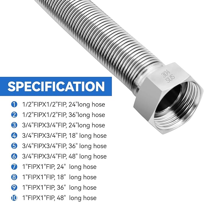 24 Inch Flexible Stainless Steel Corrugated Water Heater Connector Kit,3/4" FIP x 3/4" FIP,304 Stainless Steel Flexible Line & EPDM Seal Rings for Tankless Water Heater,Water Softener,RV,Boiler(2PCS)