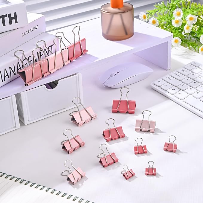 Temiary Aesthetic Binder Clips, Medium Metal Binder Clip with Clear Storage Container, Binding Paperwork Clamps for School Teachers Office Supplies (Pink 1.26 Inch, 24P)