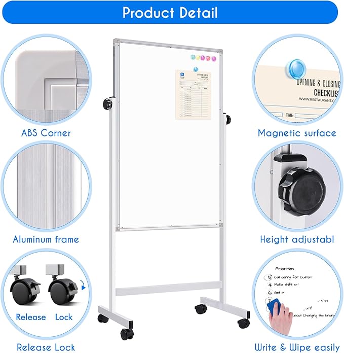 maxtek Rolling White Board, 44 x 28 Height Adjustable Whiteboard on Wheels, Large Magnetic Standing Mobile Easel Board, Double-Sided with Stand for Office, Home, and Classroom