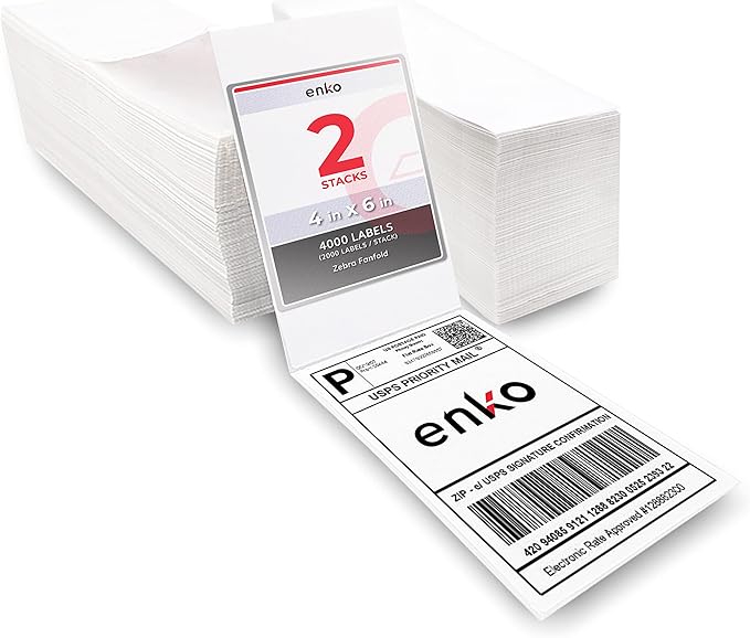 enKo 2 Stacks/4000 Labels 4" x 6" Fanfold Direct Thermal Label Compatible for Rollo Zebra Printer - Shipping Mailing Postage, Perforated, Permanent Adhesive (2 Label/Fold | 2000 Labels/Stack)