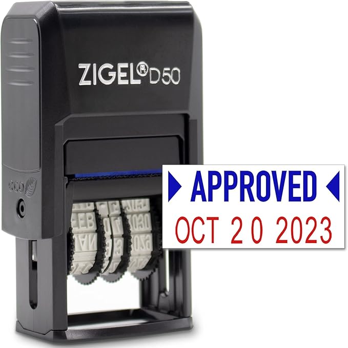 ZIGEL D50 Date Stamp with Phrase - Self Inking Date Stamp - Black (Blue/Red, Approved)