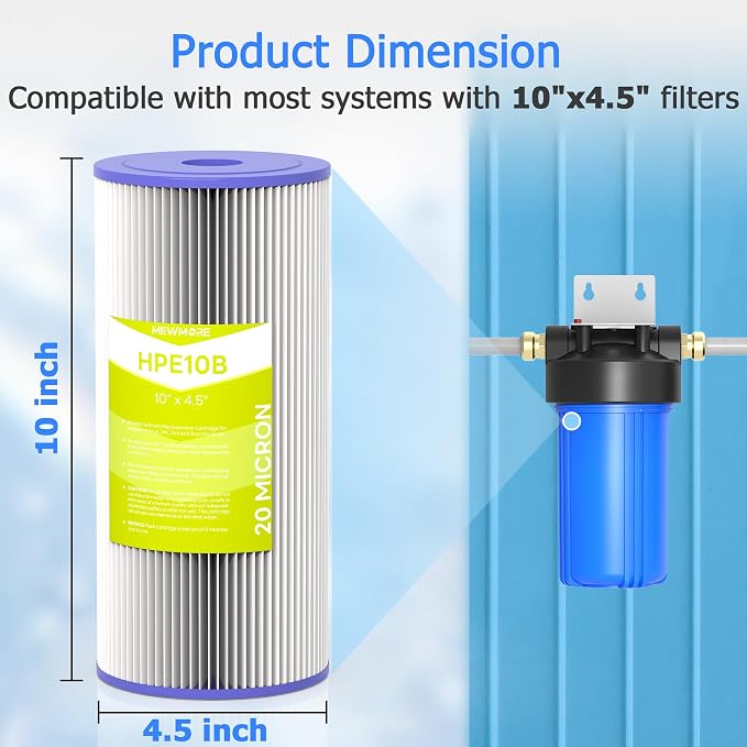 20 Micron Whole House Water Filter Cartridge, 10" x 4.5", 4-Pack | Pleated Sediment Filters for Well Water, Replacement for FXHSC, GXWH40L, GXWH35F, W50PEHD, W10-PR, R50-BBSA