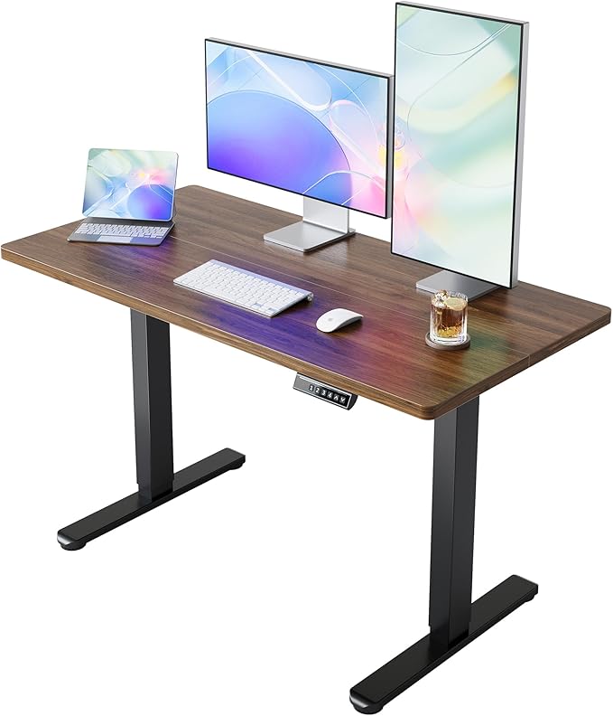 HUANUO 48" x 24" Electric Standing Desk Adjustable Height, 4 Memory Height Settings, Headphone Hook, Cable Manager, Sit Stand Up Desk for Home Office & Computer Workstation, Walnut